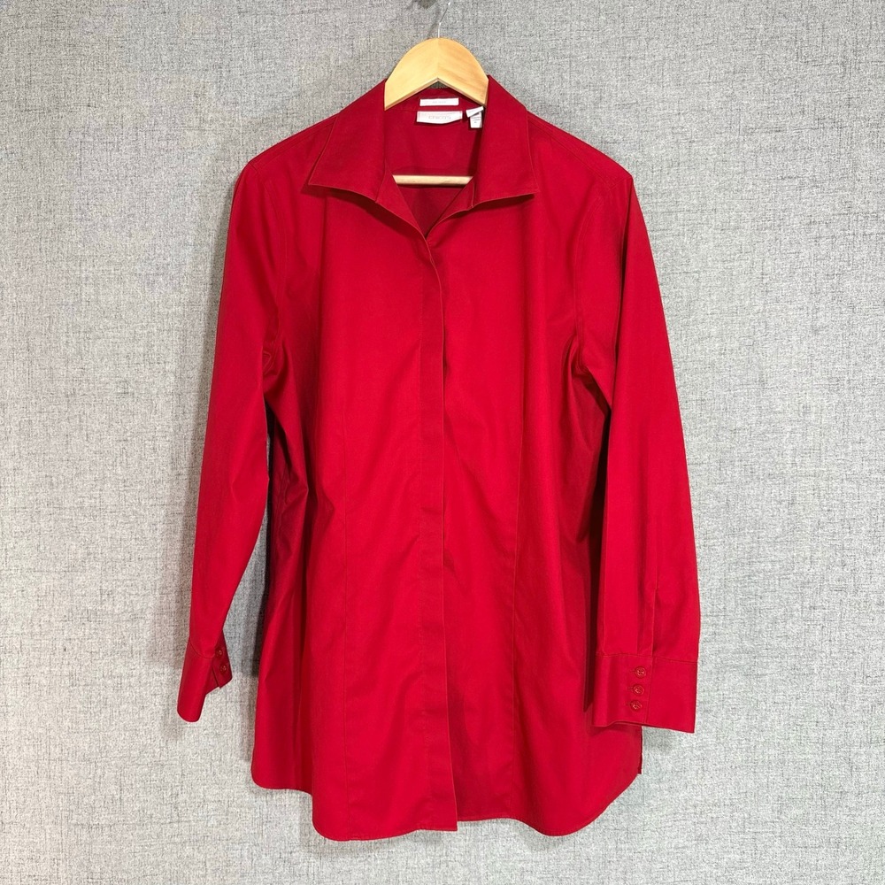 Chicos No-Iron Red Button Down Shirt Women 2 Size Large Long Sleeve Cotton